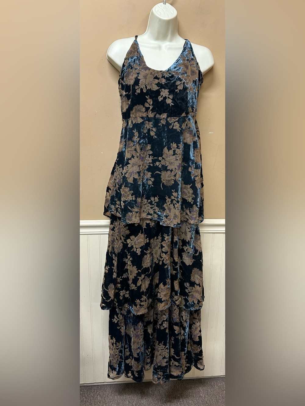 Lulus Velvet Burnout Floral Blue Brown Tiered Maxi Dress Small NWT Wedding Guest